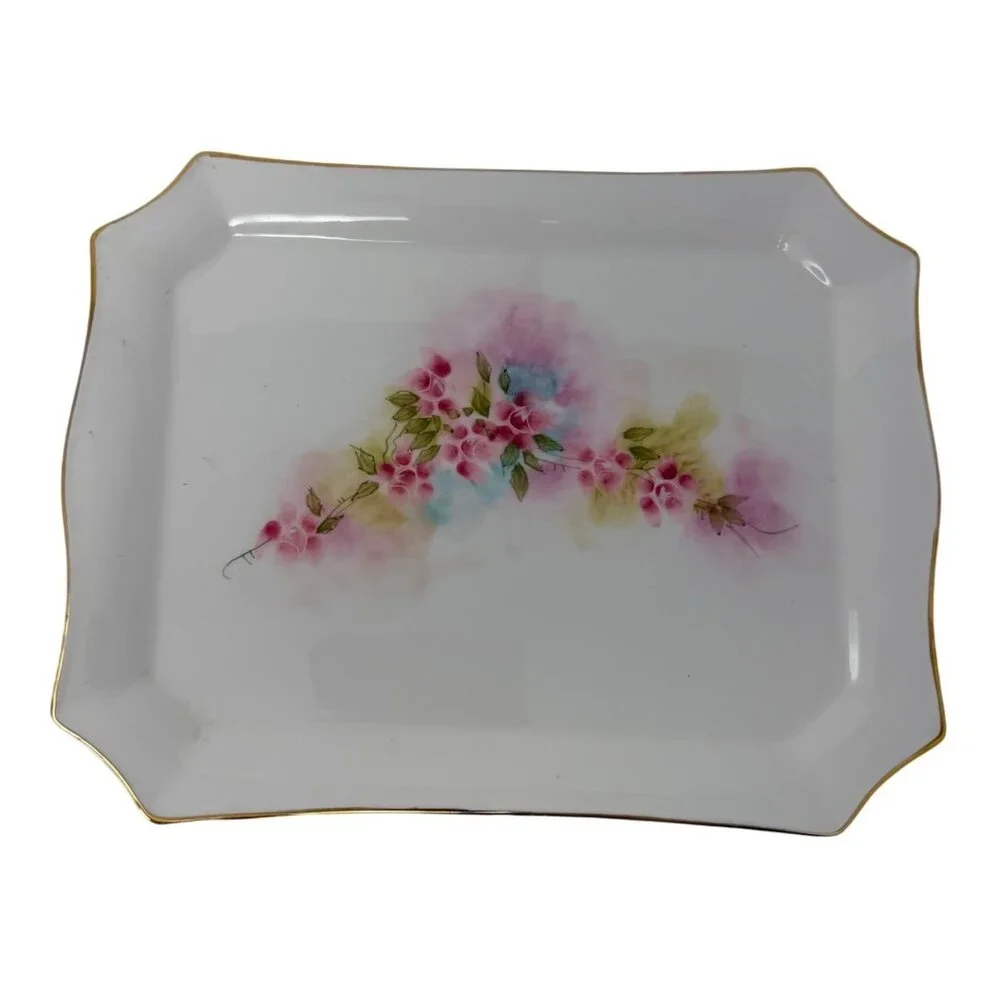 Vintage Stiffel Floral Porcelain Vanity Tray Gold Rim‎ Decor